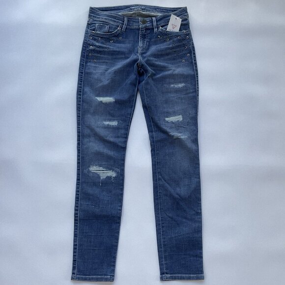Guess Women’s Brittney Skinny Ankle Jeans Studded Distressed Blue Denim Size 28 - Picture 1 of 16